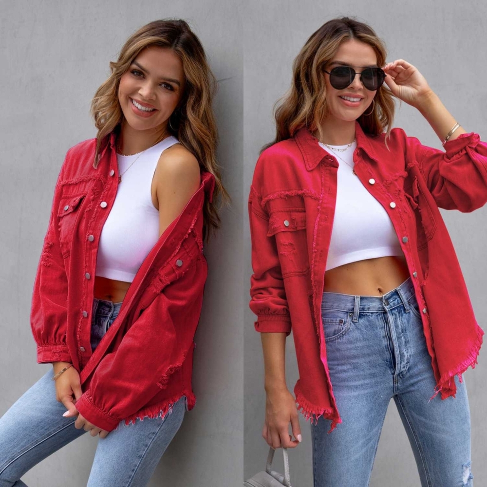 Rugged Vogue Distressed Denim Jacket - Red